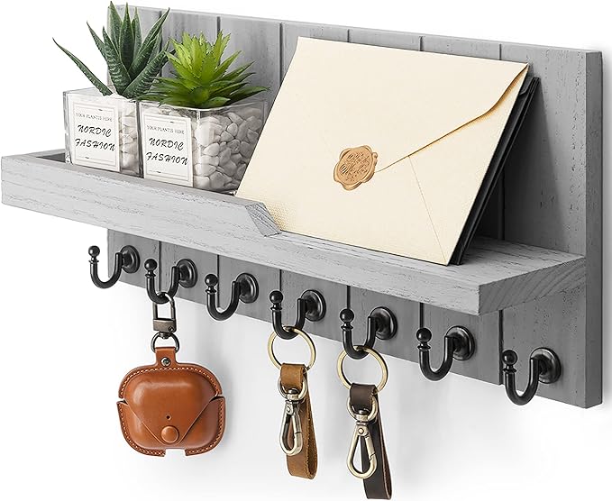Rebee Vision Key Holder Wall Mount with 7 Hooks & Shelf for Entryway, Gray | Key Holder for Wall, Floating Shelf, Mail Organizer, Rustic Key Rack, Home Essentials for Home Improvement
