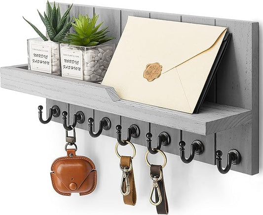 Rebee Vision Key Holder Wall Mount with 7 Hooks & Shelf for Entryway, Gray | Key Holder for Wall, Floating Shelf, Mail Organizer, Rustic Key Rack, Home Essentials for Home Improvement