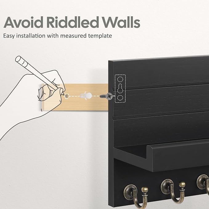 HONJIN Key Holder for Wall: Upgraded 7 Sturdy Key Hooks Easy Installation Mail Organizer Wall Mount Hanging Key Rack for Kitchen and Entryway Decor