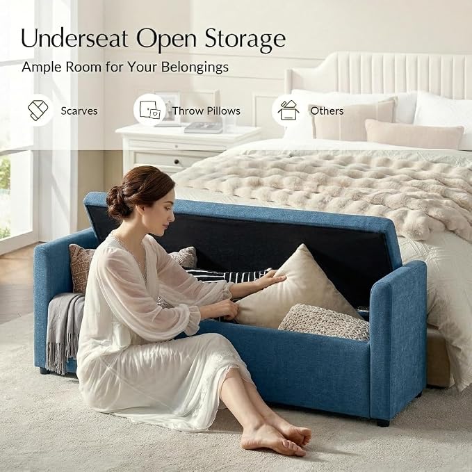 HULALA HOME 59" Storage Bench with 2 Throw Pillows & Armrests, Teal | Modern Long Bedroom Bench for End of Bed, Comfy Upholstered Fabric Footstool for Entryway Living Room