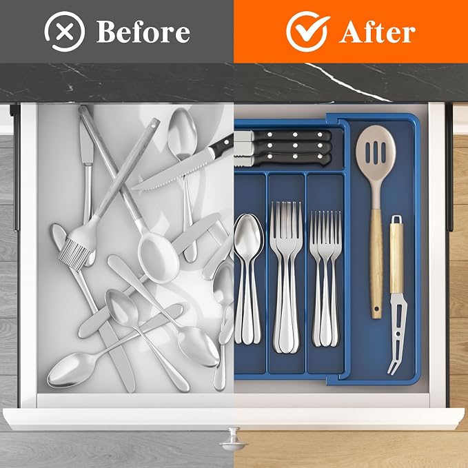 Lifewit Silverware Drawer Organizer, Expandable Utensil Tray for Kitchen, BPA Free Flatware and Cutlery Holder, Adjustable Plastic Storage for Spoons Forks Knives, 10.9"-17.5" x 13.7", Dark Blue