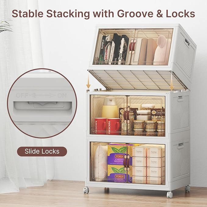 UAMFURI Stackable Storage Bins with Lids, 144QT Lockable Storage Cabinet | Folding Storage Box with Doors and Wheels, Collapsible Plastic Drawers for Home, Garage, Office
