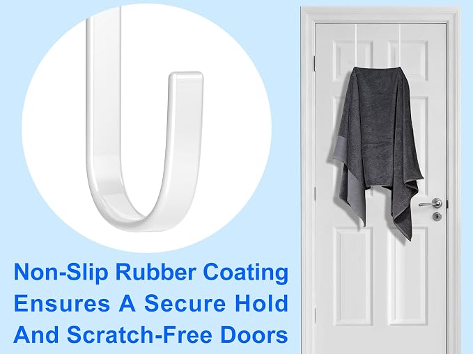 Single Long Over Door Steel Hooks 4 Pack Fit 1-3/8" Door 10" White | Plastic Coated Rubber Feel Towel Rack Robe Coat Shoe Wreath Hanger No Damage No Scratch for Bathroom Heavy Duty Thin Top