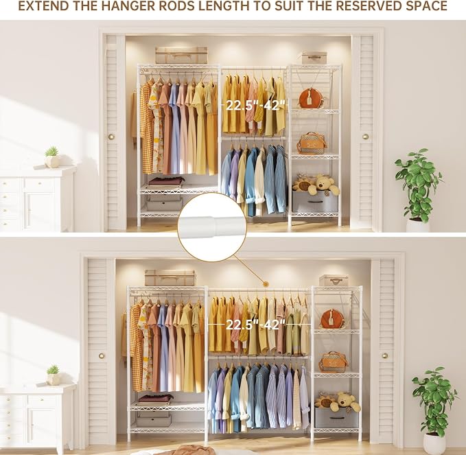Golpart Heavy Duty Clothing Rack with Adjustable Shelves Clothes Wardrobe | Coat Rack Metal Closet Organizer and Storage Garment Rack for Hanging Clothes Wire Portable Cloth System Free Standing White