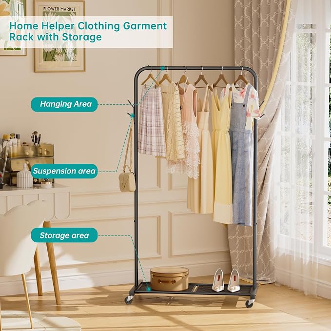 SINGAYE Wardrobe Standing Closet Clothing Rack With Shelf Hanging Clothes | Wardrobe Open Compact Small Metal Garment Hanger Stand Alone Free Standing Black Closet Rack Storage Organizer Heavy Duty