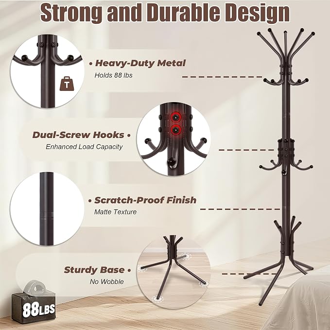 Metal Coat Rack, Freestanding Coat Tree & Hall Tree with 15 Hooks, Sturdy Coat Rack Stand and Hat Rack, Coat Hanger for Entryway, Bedroom, Office for Jackets, Hats, Bags,Brown