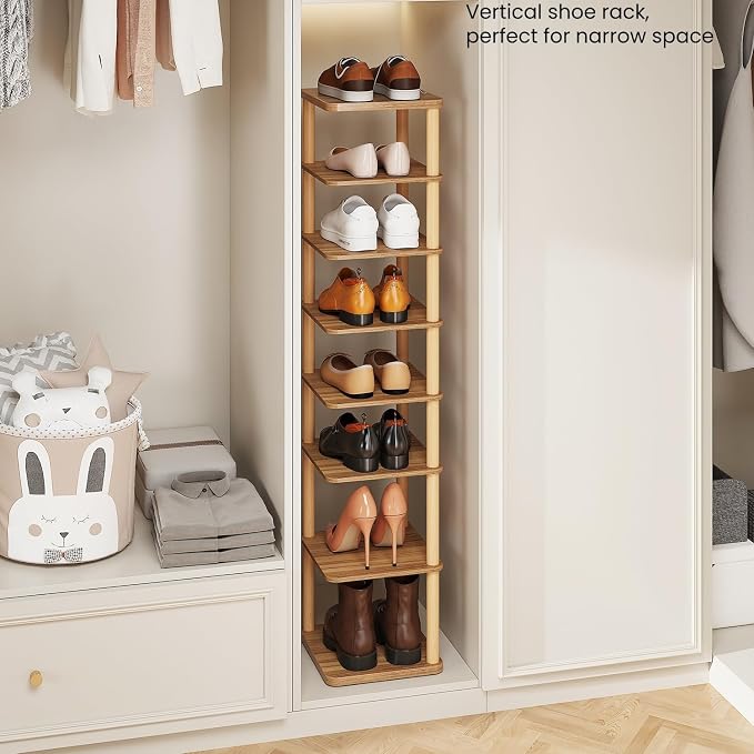 8 Tiers Vertical Shoe Rack, Tall Narrow Shoe Tower Corner Shoe Rack, Walnut | Small Shoe Organizer for Entryway, Closet, Dorm & Small Spaces, Freestanding Wooden Shoe Shelf for Boots, Sneakers, Heels.