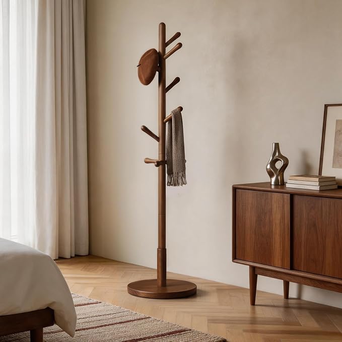 Solid Wood Coat Rack Freestanding with 9 Hooks - Wooden Coat Rack Stand for Entryway, Bedroom, Living Room, Hallway for Coats, Handbags, Hat (Walnut)