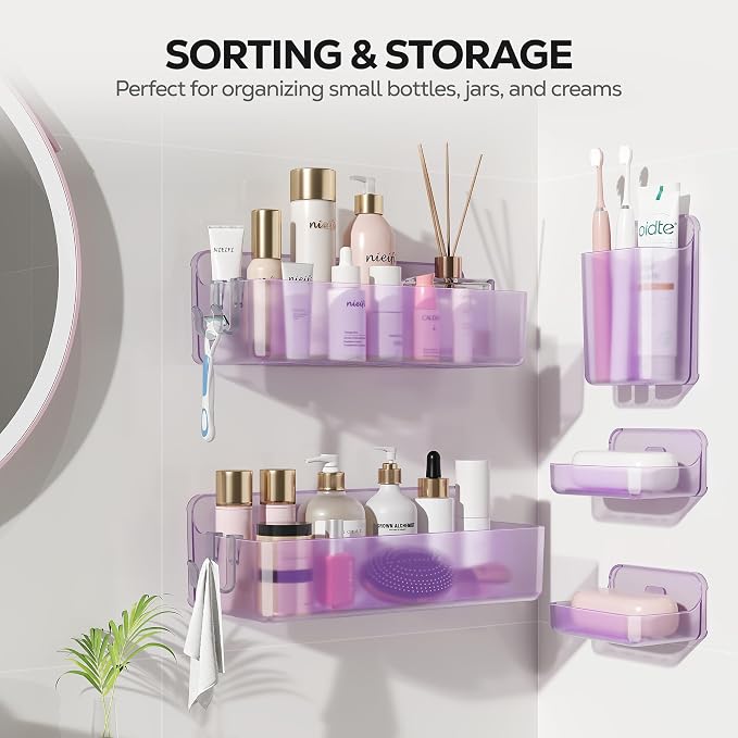 Nieifi Adhesive Shower Shelves, Purple, 5 Pieces | Rustproof ABS, Large Capacity, Removable Design, Easy-Clean, No Drilling Shower Organizer for Bathroom Storage & Home Decor