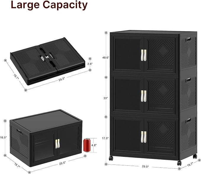 Stackable Storage Bins with Lids, 480QT Extra Large Storage Cabinet | Clear Doors, Foldable Storage Drawers, Heavy Duty, Collapsible Closet Organizers for Bedroom Office (3, Black, 180, Quarts)