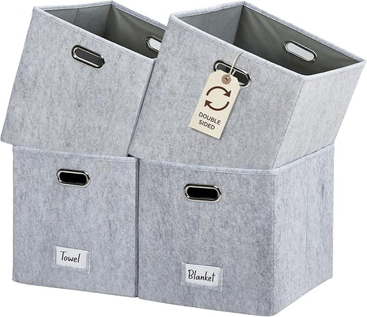 DECOMOMO Felt Storage Bins, 13 inch Cube Storage Bin with Labels | 4 Pack Storage Baskets for Shelves, Kallax ( Light Grey)