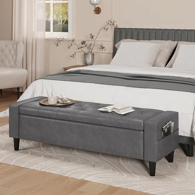 60" Storage Ottoman Bench, Faux Leather Upholstered Bed Bench with Tufted Buttons and Nailhead Trim, Large Ottoman with Storage for King Size End of Bed, Bedroom, Entryway, Hallway (Grey)