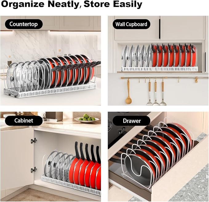 Housolution Pot and Pan Lid Organizer Holder Storage Rack, White | 12"-23" Expandable, 14 Adjustable Dividers, Sturdy Metal Construction, Easy Assembly