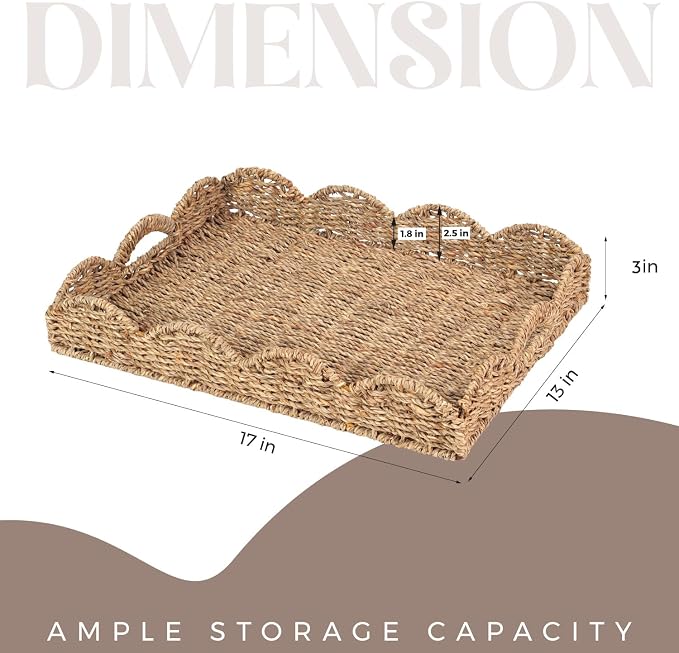 Scalloped Seagrass Tray, Hand-Woven Wicker Storage Baskets with Scalloped Edge and Handles (17x13x3in) Rectangular Handwoven Trays, Seagrass Basket for with Built-in Handles