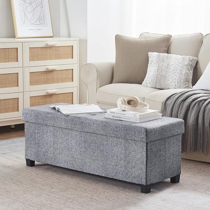 Ornavo Home 43" Large Storage Ottoman Bench with Legs, Gray | Foot Rest Stool; Ottoman with Hidden Storage; Ideal for Bedroom, Living Room, Entryway or Home Office