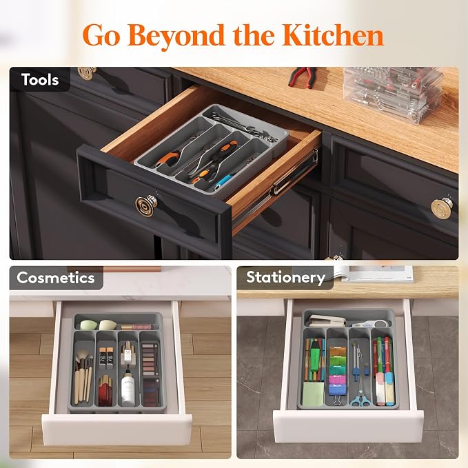 Lifewit Silverware Drawer Organizer Tray, Plastic Cutlery Storage for Kitchen, Flatware and Utensil Holder Divider for Spoons Forks Knives Tableware, 9.1 x 12.6", 5 Slots, Gray