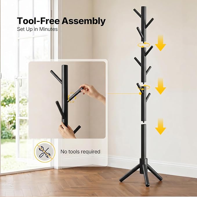 AMADA Solid Wooden Coat Rack Freestanding with 8 Hooks, Black | 100% solid wood, 3 height options, widened base for stability, tool-free assembly, smooth rods & hooks prevent clothing snags