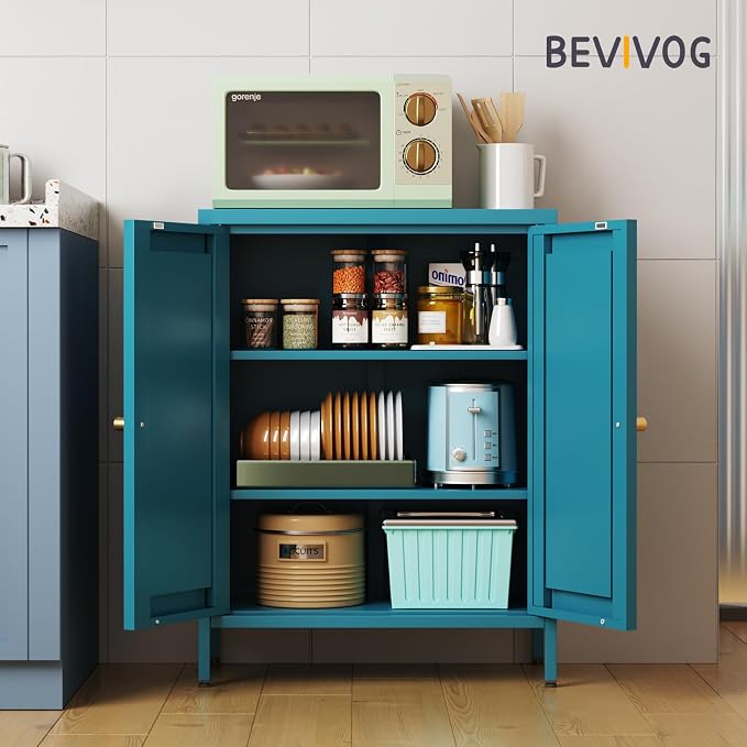 Bevivog Bathroom Floor Storage Cabinet,Metal Locker Cabinet with 2 Doors and 2 Adjustable Shelves,Modern Small Accent Cabinets for Entryway,Living Room,Hallway