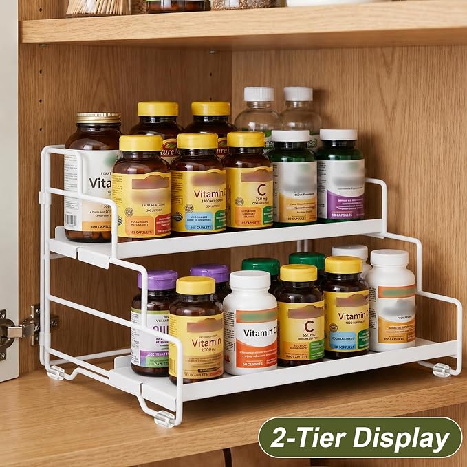 4 Tier Adjustable Spice Rack Organizer for Cabinet & Countertop | Adjustable-Depth Shelves, Tiered Visible Display, Raised Edge Guard, Vertical Space Saver, Metal Construction, White