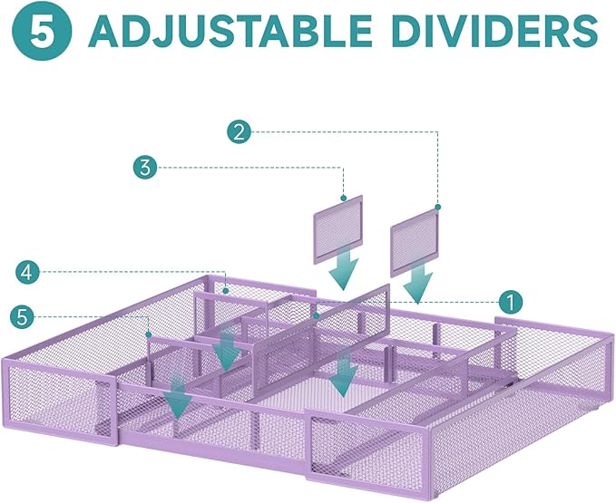 Expandable Desk Drawer Organizer, 10 Adjustable Compartment, Purple | Metal mesh drawer organizer tray with 5 removable dividers, expands from 8.74 to 16 in for office supplies, makeup or tools