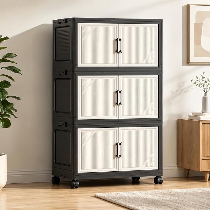 3 Tier Foldable Storage Cabinet with Wheels and Magnetic Doors | Premium PP Material Large Storage Organizer, Space-Saving Utility Storage for Home, Apartments, Dorm, Office, Rv