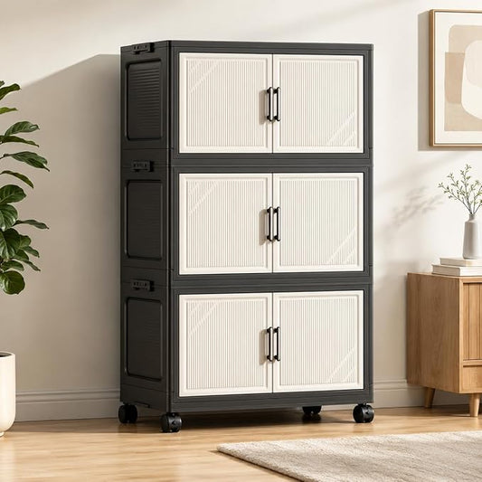 3 Tier Foldable Storage Cabinet with Wheels and Magnetic Doors | Premium PP Material Large Storage Organizer, Space-Saving Utility Storage for Home, Apartments, Dorm, Office, Rv