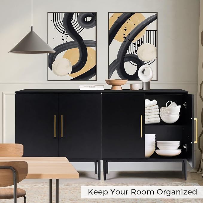 Set of 2 Black Storage Cabinet with Doors, Modern Accent Cabinet, Free Standing Cabinet with Adjustable Shelf, Wooden Buffet Sideboards for Living Room, Kitchen, Dining Room, Entryway