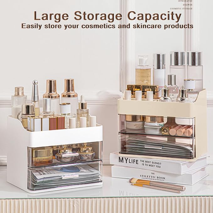 DASITON Makeup Organizer with 2 Drawers, Large Capacity Makeup Cosmetic Organizers for Vanity Dresser Bathroom Countertop, Vanity Organizer Makeup Storage Box for Skincare, Eyeshadow, Lotions (Cream)