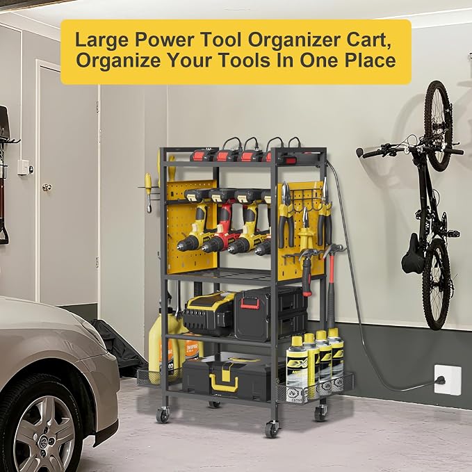 Power Tool Organizer Cart with Charging Station, Heavy Duty Garage Tool Organizer Rolling Tool Battery Storage with 8-Outlet Power Strip, a 6.5-FT Cord,4 Wheels, 2 Hanging Baskets, Hooks ,Yellow