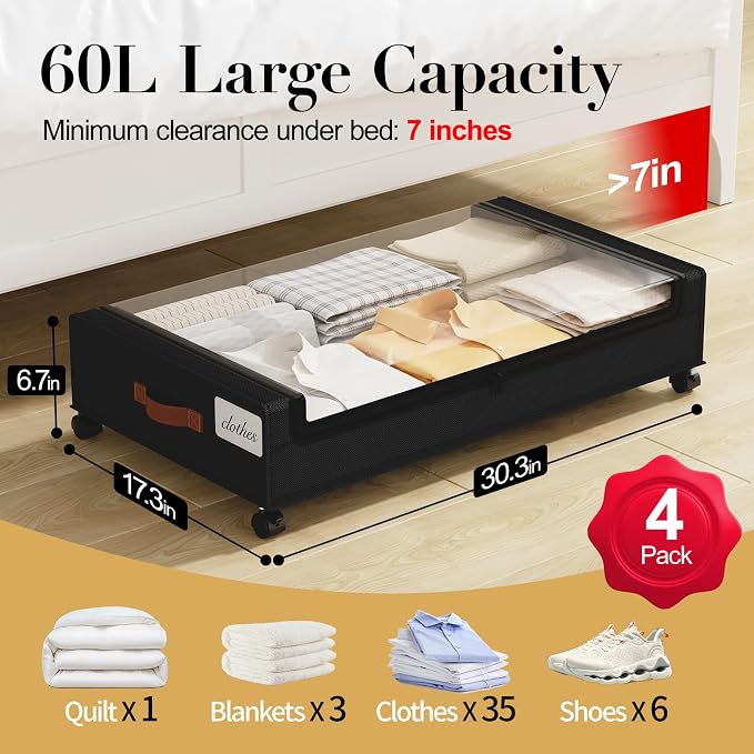Yecaye Under Bed Storage with Wheels, 4 Pack Under the Bed Storage Containers with Lids & Label, XXL 60L Rolling Underbed Storage Drawers for Clothes, Blankets, Shoes, Black
