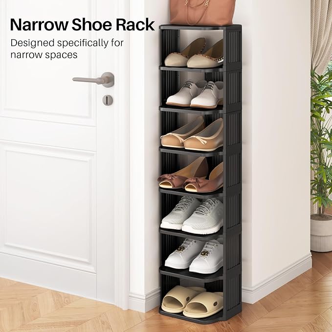 Kitstorack 10 Tiers Stackable Shoe Rack for Closet and Front Door Entrance - Free Standing Plastic Stand, Narrow Tall Vertical Organizer for Small Spaces Storage