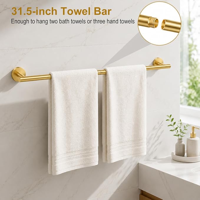 Brushed Gold Bathroom Accessories Set, 7 Pieces Gold Towel Bar Bathroom Hardware Set, 31.5 Inch Towel Racks for Bathroom, SUS304 Stainless Steel Bathroom Towel Holder Toilet Paper Holder Wall Mounted