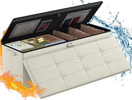 ENGPOW Storage Ottoman, Fireproof Folding Bench with Lock(15”x 43”x15”), Water-Resistant ＆ Heat Insulation Large Storage Chest with Handles＆2 Extra Spaces Safe for Living Room, Bedroom, Home, Beige