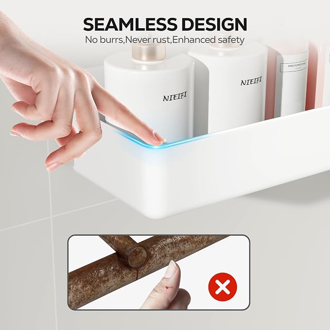 Nieifi Adhesive Shower Shelves, White, 5 Pieces | Rustproof ABS, Large Capacity, Removable Design, Easy-Clean, No Drilling Shower Organizer for Bathroom Storage & Home Decor