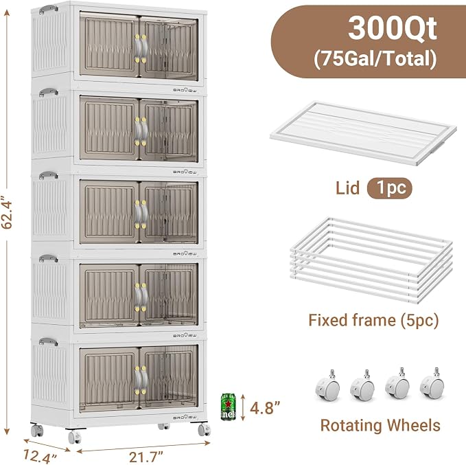 BROVIEW 300 Qt Stackable Storage Bins with Lid, Plastic Closet Organizers and Storage Drawer, Collapsible Storage Box with Wheels, Folding Storage Cabinet for Closet Clothes Organization, 5Pack White