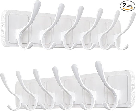SKOLOO Coat Rack Wall Mount - Scandi-Style Wooden Carved-Block Coat Hook,Pack of 2, Wall Coat Hanger with 6 Hooks for Hanging Coats, Hats, Clothing, Scarfs, White