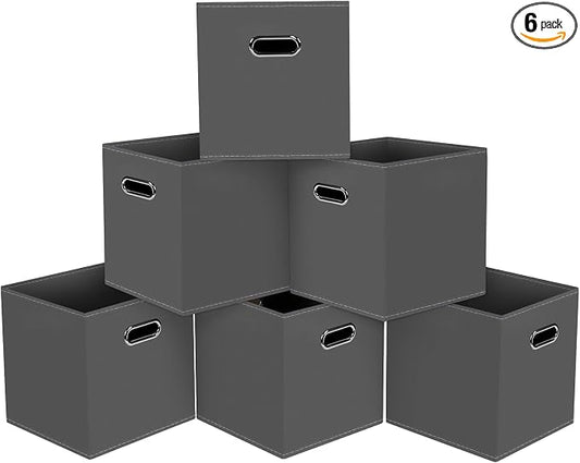 Black Foldable Storage Cubes Bins, Fabric Storage Box Cubes Organizer Baskets with Dual Handles for Home Organizer,Set of 6,(Gray)