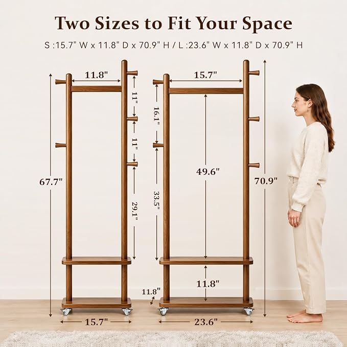 Taitiy Solid Wood Coat Rack Small Freestanding with Wheels 2 Shelves | Small spaces, solid rubberwood construction, 2 shelves and 5 hooks, ideal for bedrooms, entryways, apartments and homes