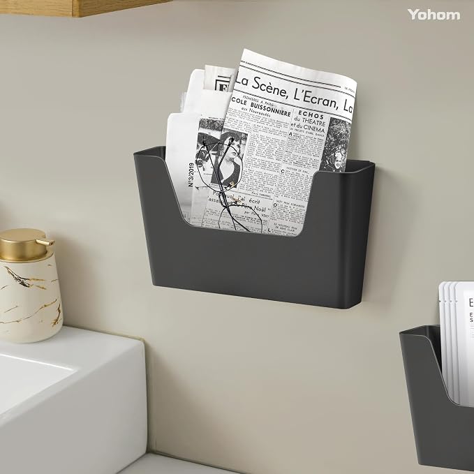YOHOM Adhesive File Holder Plastic Document Folder Door No Drilling Mount Mail Magazine Organizer A4 Filing Envelopes Folder, Office Wall Mount Single Pocket (BLACK, 5 PCS)