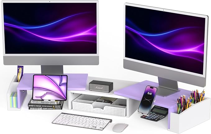 Simple Houseware Desk Dual Monitor Stand Riser with Drawer, Purple | Customizable Organizer Tray, Built-In Phone & Tablet Slot and Side Storage