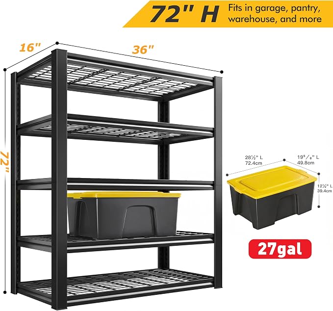 REIBII 72" H Garage Shelving 3200 LBS Capacity Adjustable Storage Shelves | Ventilation Mesh Panel, Heavy Duty Commercial Use, Metal Shelving for Basements, Pantries, Warehouses, 36" W x 16" D x 72" H