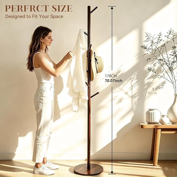 Coat Rack Freestanding- Solid Wood New Zealand Pine Hall Tree with 8 Hooks & 3 Adjustable Levels, Corner Wooden Coat Hanger for Entryway, Hallway and Small Space (Hats, Purses, Bags)
