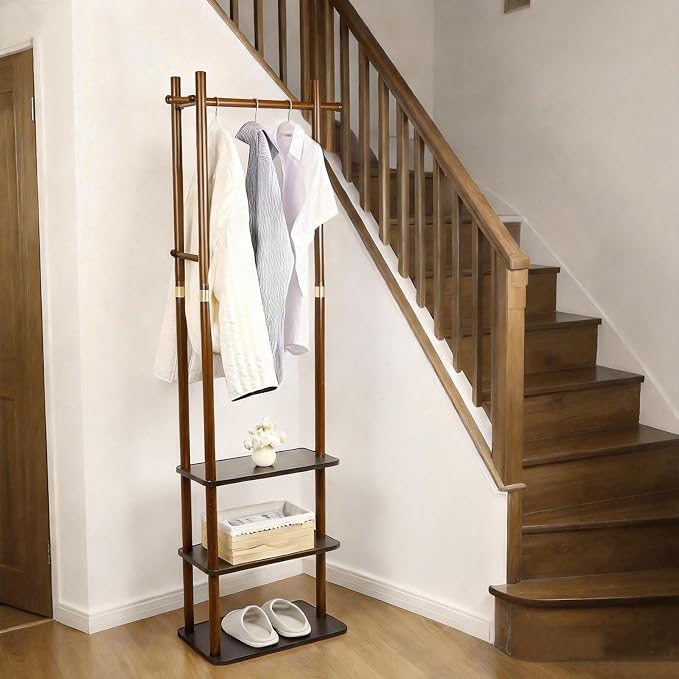 Wood Coat Rack Freestanding Clothing Rack with 3 Shelves and 5 Hooks | Heavy Duty Coat Tree Garment Rack Coat Hanger Stand for Corner Entryways Living Rooms and Bedrooms, Walnut