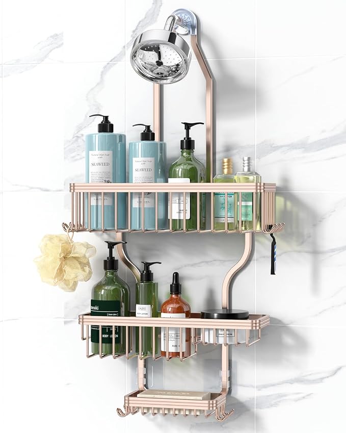 YASONIC Never Rust Shower Caddy Hanging, Aluminum Shower Racks for Inside Shower, 3-Tier Shower Organizer Hanging Over Shower Head with Hooks and Soap Holder, Rose Gold