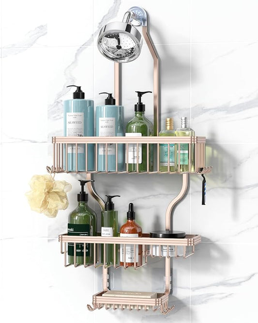 YASONIC Never Rust Shower Caddy Hanging, Aluminum Shower Racks for Inside Shower, 3-Tier Shower Organizer Hanging Over Shower Head with Hooks and Soap Holder, Rose Gold