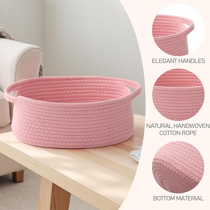 JMvicyroam Small Woven Basket, Empty Gift Basket, Pink/2 Pack | Small Gift Basket, Cotton Rope, 12 x 8 x 43 in, Handles, Includes Ribbon and Bag, Birthday Gift Basket