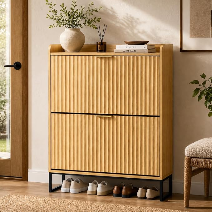 VINGLI Fluted Shoe Cabinet Storage for Entryway,Hidden Shoes Storage Cabinet with 2 Flip Drawers, Mid Century Modern Shoe Rack Organizer,Free Standing Shoes Organizer for Hallway(Natural Oak)