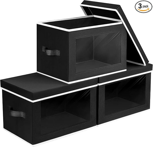 Homsorout Storage Boxes with Lids, Collapsible Storage Bins with Handles, Closet Storage Baskets with Window, Fabric Storage Containers for Organizing Clothes, Towels, Books, 3 Packs, Black