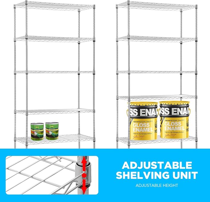 30" L×14" W×60" H Wire Shelving Unit Commercial Metal Shelf with 5 Tier Casters Adjustable Layer Rack Strong Steel for Restaurant Garage Pantry Kitchen Garage，Chrome
