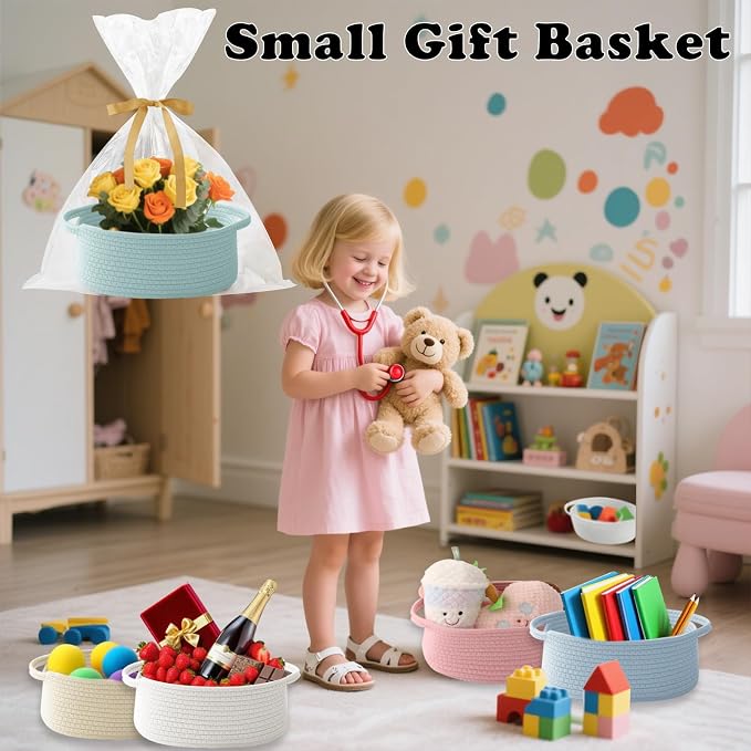 Woven Rope Basket - Baby Gift Basket with Bag & Ribbon, Aqua | Cotton rope with handle, 12 x 8 x 5 in, gift bag and ribbon, for baby shower, birthday, toy storage, nursery, shelf decor